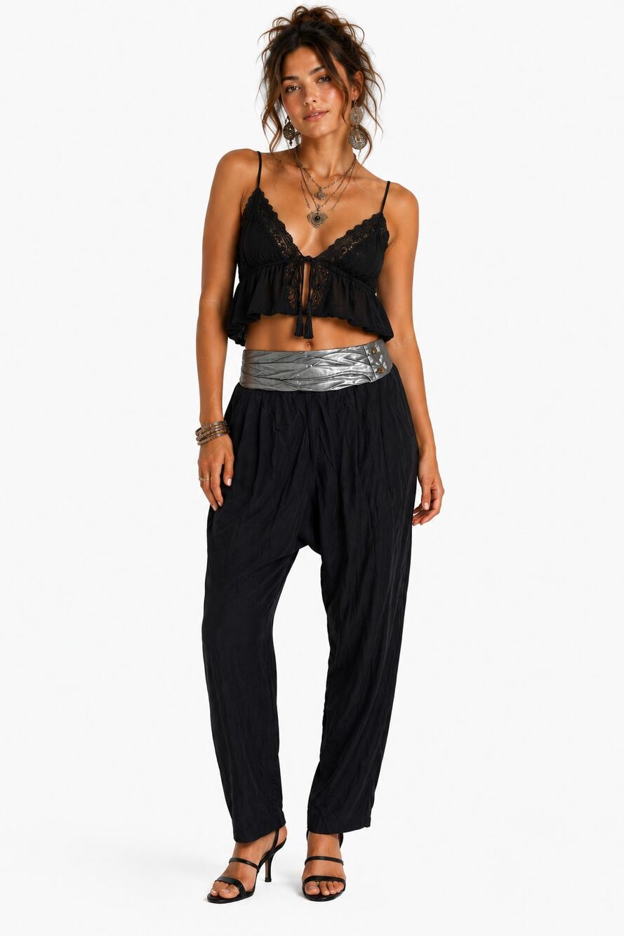 Vtg Black Harem Relaxed Silver Sash Glam Cropped Pant M Gypsy Mobwife Whimsigoth